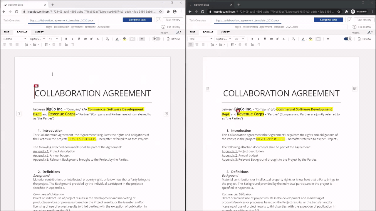 The screens of two persons redlining a contract in real time.